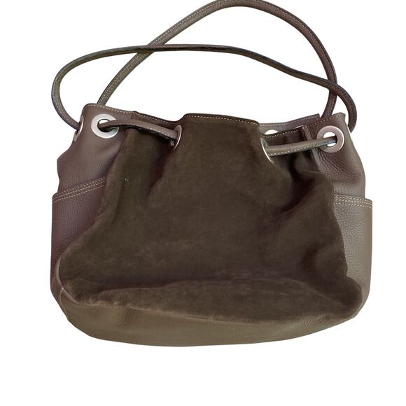 Vintage J Jill Brown Leather & Suede Boho Purse Grommet Cinch Boho Hobo Bag - Picture 2 of 8